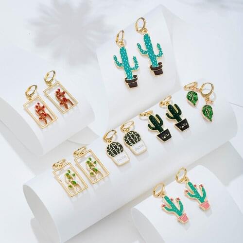 Lost Lady Summer Green Cactus Leaf Tree Earrings for Women Fashion Plant Huggies Hoop Earrings Wholesale Jewelry Dropshipping