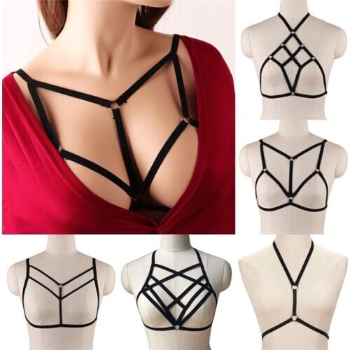 Women Gothic Sexy Elastic Cage Crop Top Bras Hollow Out Black Harness Erotic Lingerie Strappy Bra Bustier Bandage Bra