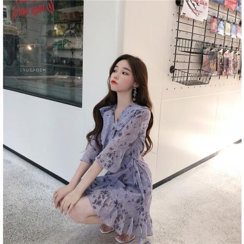 Chic chiffon short dresses Korean fashion Womens Clothing purple print v-neck Bandage ruffles dress temperament summer new