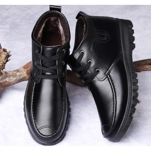 Winter Warm Men Shoes High Top Casual Male Ankle Boots With Fur Black Lace Up Business PU Leather Mans Footwear Furry Round 789