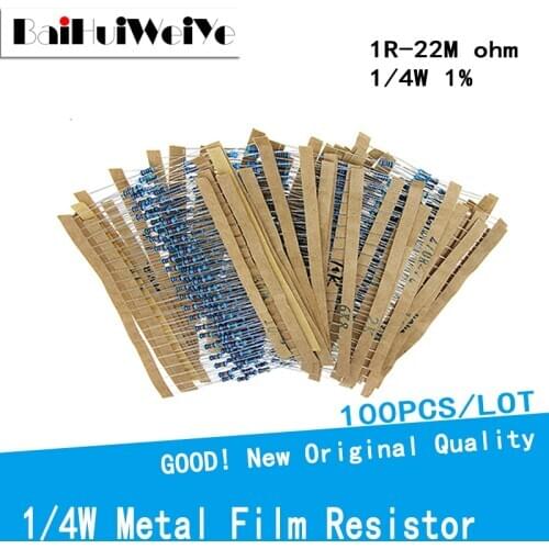 100PCS/LOT 1/4W 1% 1R -22M Ohm Resistance Metal Film Resistor Resistance Assortment 2R 3.3R 51K 47K 22K 33K 1M 4.7M 3.3M 470K