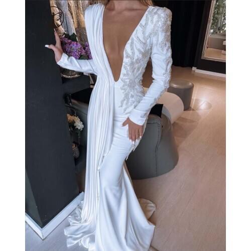 2021 Designer свадебное платье Plunging V Neck Beaded Exquisitely Pleated Long Sleeve Mermaid Wedding Dresses