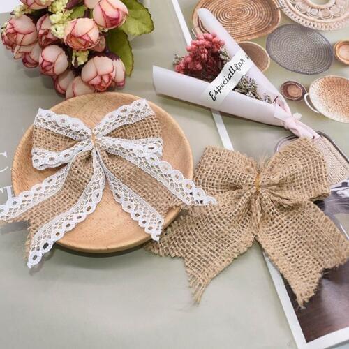 5/10Pcs Natural Jute Burlap Hessian Bow Lace Rustic Wedding Chrastimas Decoration Hat Accessories DIY Craft Party Decor Bowknot
