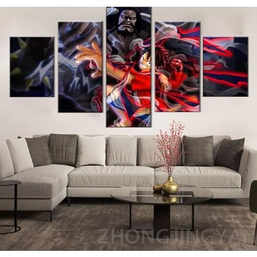 5 Pieces One Piece Canvas Posters Luffy Pictures Black Beard Wallpapers Fighting Painting For Home Room Anime Artwork Frame