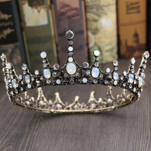 Jonnafe Vintage Opal Crystal Big Tiara Wedding Crown Baroque Bridal Hair Jewelry Accessories Women Round Tiaras Headwear