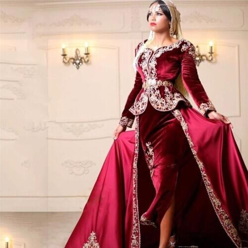 Burgundy Muslim Evening Dresses A-line Long Sleeves Appliques Beaded Moroccan Kaftan Dubai Saudi Arabia Long Prom Dress Gown