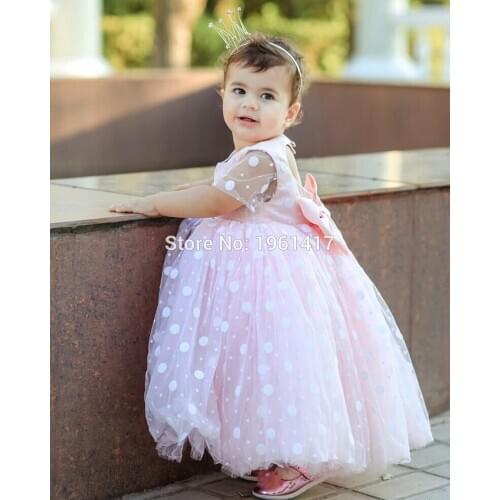 Princess Kids Baby Lace Dress For Girls Fancy Wedding Dress Short Sleeve Dot Party Birthday Baptism Dress For Girl Summer Dress