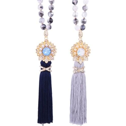 Resin Bead Long Blue/White Cotton Thread Tassel Necklace For Women Bohemia Vintage Classical Jewelry Whoesale Accessories