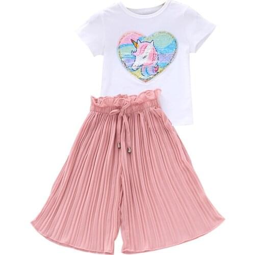 Girls clothes Suit 2020 summer Korean Unicorn Kids Sets Sequins T shirt+Chiffon Pants 2 pcs Casual Clothes Children clothes suit