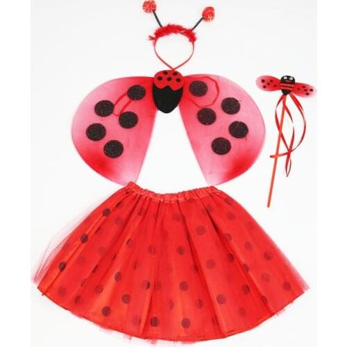 Girls Red Holiday Party Performance Costume Suit Ladybug Wings Net Gauze Skirt Headband Magic Rod Wand Set Birthday Gift