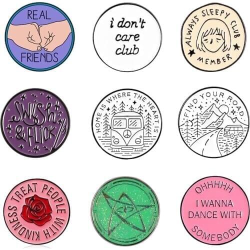 Round Badge Enamel pins Empowered women Travel Sleepy Club Member Best friend Brooches Jewelry Pins Gifts for Friends Spille
