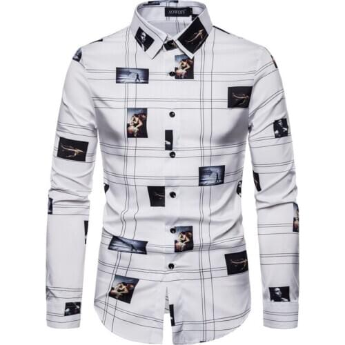 Mens Fashion Casual Long Sleeve Print Shirt Slim Fit Men Social Business Dress Shirt Brand Men Clothing Camisa Social Masculina