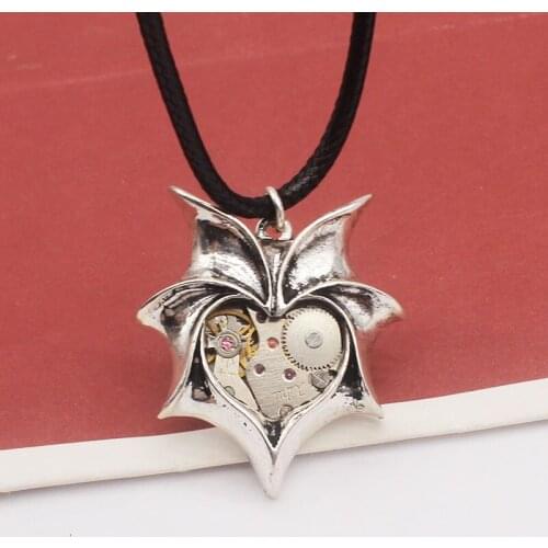 Bat Wings Heart-Shaped Gear Mechanical Movement Pendant Necklace Men And Women European And American Fashion Jewelry