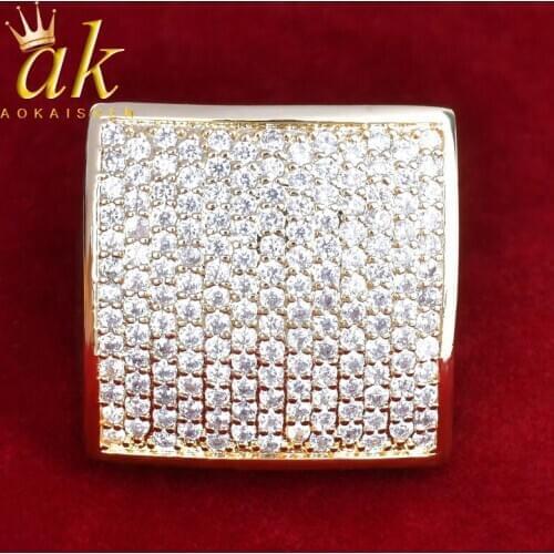 Bling Mens AAA+Zircon Ring Gold Color Copper Material Iced Out Full CZ Square Rings Fashion Hip Hop Jewelry Size 7-12