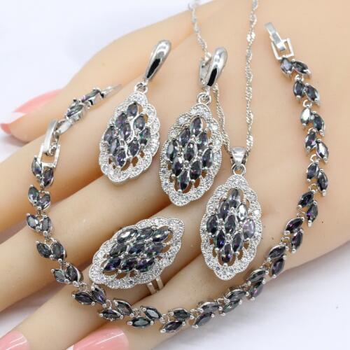 Silver Color Jewelry Sets For Women Multicolor Rainbow Marquise Cut Bracelet Drop Earrings Necklace Pendant Rings