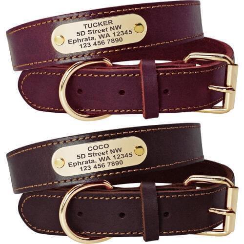 Genuine Leather Dog Collar Personalized Dog Nameplate Collars Pitubull German Shepherd Large Dogs Tag Collars Rich Brown