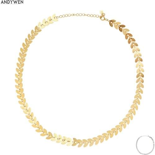 ANDYWEN New 925 Sterling Silver Gold Leafs Charm Choker Chain Necklace Women Rock Punk Luxury Crystal Fashion Fine Jewelry 2021