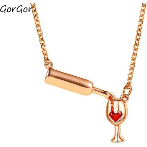 GorGor Necklace Women Originality Statement Red Wine Bottle Goblet Heart Rhinestone Creative Anniversary Jewelry 19022058