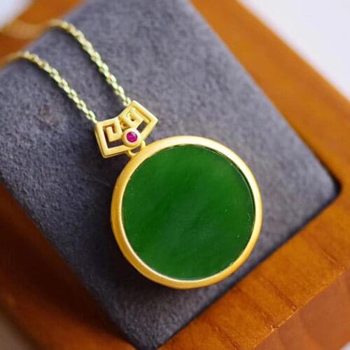 S925 Silver Inlaid Natural Hetian Jade Green Jade Pendant round Retro Womens Pendant Necklace Lucky Pendant Gold Inlaid with J