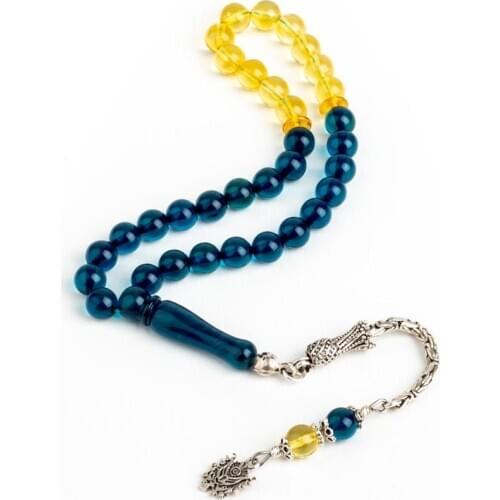Silver Blue Yellow Amber Gemstone Prayer Rosary Men Sphere Cut Rosary With Silver Tassel Turkish Ottoman Coat of Arms Tassel