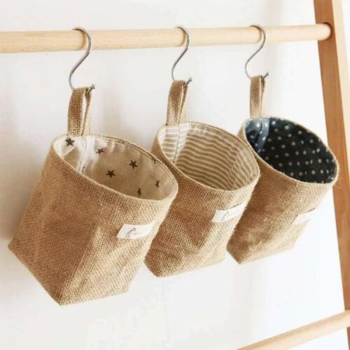 1PCS Cotton Linen Storage Bag,New Hanging Pocket Storage Basket,Small Sack Sundries Storage Box With Handle Cosmetic Organizer