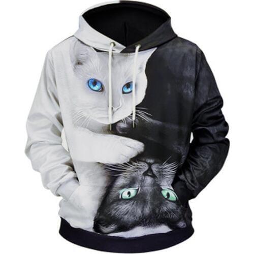 Sweatshirts Hoodies Men 3D Black And White Cat Creative Print Hoody New O-Neck Loose Long Sleeve Pullover Fashion Hot