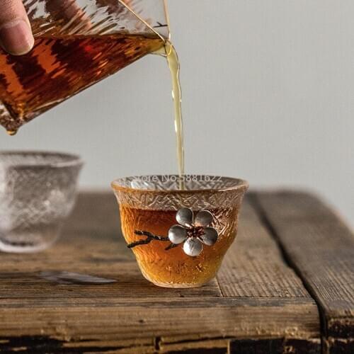 Japanese Glass Cup Tin Plum Blossom Water Cup Flower Kung Fu Office Tea Set Drinking Glass Transparent Heat-resistant Tea Cup