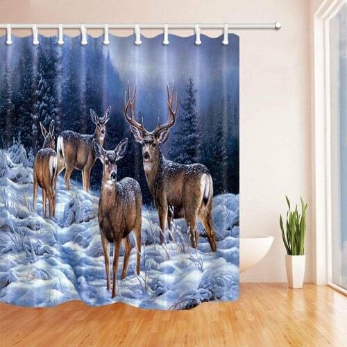 Elk in the snowy forest in winter Shower curtain Durable Fabric Mildew Bathroom Accessories Creative with 12 Hooks 180X180CM