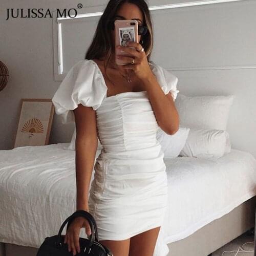JULISSA MO Puff Sleeve Ruched Bodycon Dress Women Sexy Backless Zipper Summer Dress White Drawstring Party Short Vestidos 2020