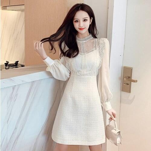 2021 French new style Korean small fragrance Dress gentle super fairy lace stitching long-sleeved dress High quality retro Dress