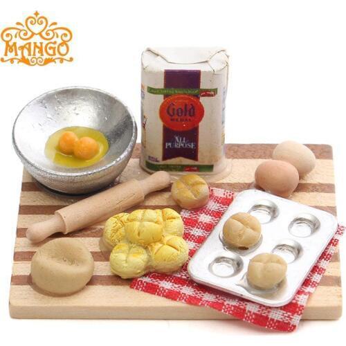 1:12 Dollhouse Miniature Kitchen Bread Milk Egg Rolling Pin On Wooden Block Free Shipping