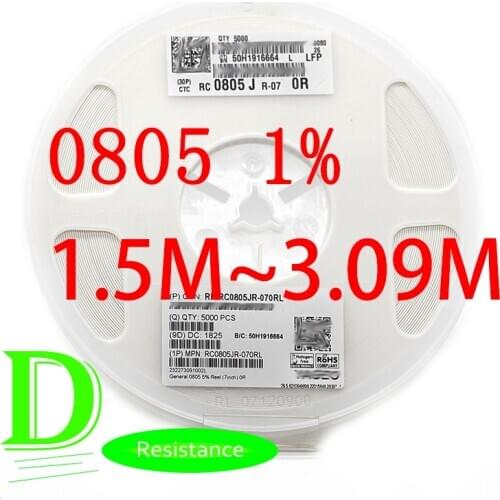 100PCS SMD Resistor RC Series 0805 1% Original RC0805FR-07 Series 1.5M-3.09M All resistors 1.5M 1.6M 1.8M 2M 2.2M 2.4M 2.7M 3M