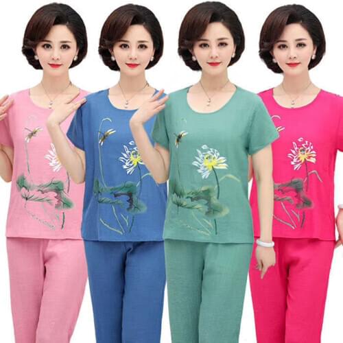 2020 2pcs/Set , Fashion Middle Age Women Short-Sleeve Top + Wide Leg Pants Twinset Mother Clothing Summer Loose Cotton Linen Set