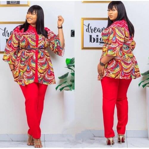 African Clothes for Women 2021 Summer African Printing Polyester Two Pieces Sets Shirt and Pant African Clothing
