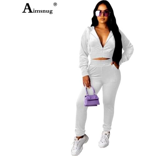 Aimsnug Plus Size Women Sets Open Stitch Zipper Crop Top And long pants Set 2021 Spring Winter Velvet Ladies Two Piece Outfits