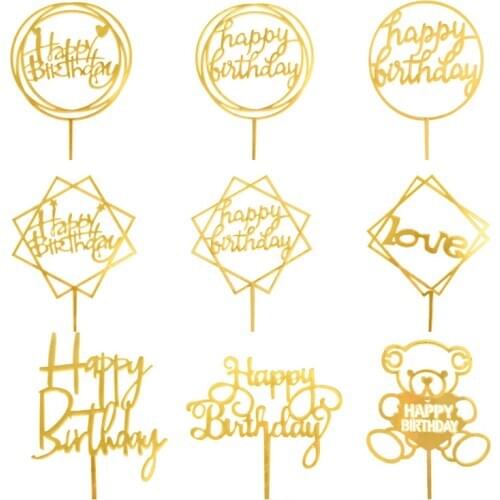 1pc Acrylic Cake Topper Gold Cake Flag Dessert Decoration Happy Birthday Party Cupcake Toppers for Birthday Gifts Wedding