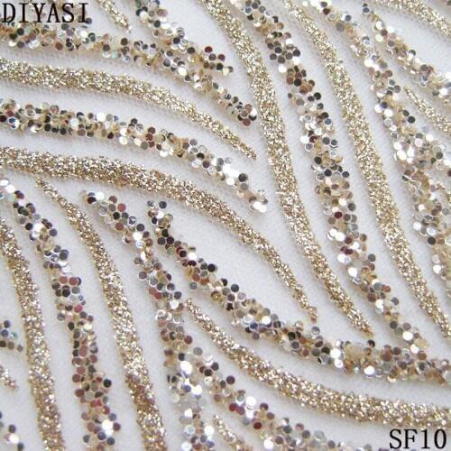 Glitter lace fabric Shining Sequin Mesh Fabric French Gold Striped Transparent Wedding dress Apparel Fabric SF10