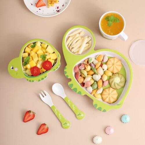 Children Bamboo Fiber Tableware 4 Pieces Set Baby Cartoon Dinner Plate Bowl Environment Friendly Gift Kids Customization Gift