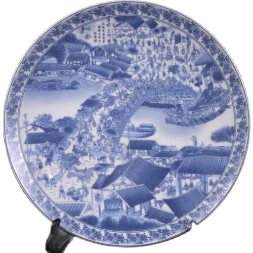 Jingdezhen Porcelain Blue and White (Shanghe Picture of Qingming Dynasty) Pattern Appreciation Pan Ancient Porcelain Collection