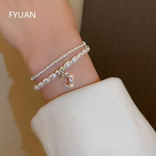 FYUAN Korean Style Moon Crystal Pendant Bracelet For Women Double Layer Pearl Chain Bracelets & Bangles Jewelry Accessories