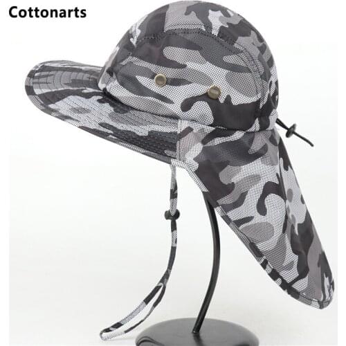 Summer Camouflage Large Wide Brim Sun Hats Unisex Cotton Neck Guard Boonie Hat Outdoor Hiking Fishing Safari Anti-UV Bucket Cap