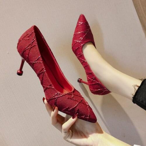 Shallow Mouth Set Feet Sequined Cloth Sexy Stiletto Heels Ladies Single Shoes Summer Pointed Temperament High Heels Work Shoes