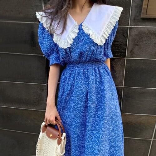 Korean Chic French Age-Reducing Lace Doll Collar Three-button Waist Small Wave Dot Puff Sleeve Dress Female