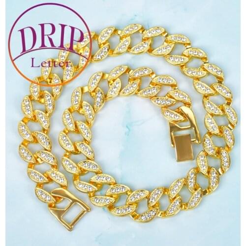 15mm Rhinestone Crystal Miami Cuban Necklace Hip Hop Gold Color Chain Fashion Punk Jewelry For Gift