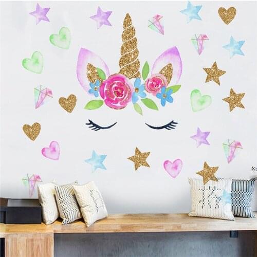 Cartoon Watercolor Flower Unicorn Home Decor Kids Room Bedroom DIY Vinyl Wallpaper Living Room Decoration 3D Art Decals Murals