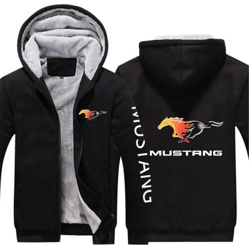 Mustang Car Logo Winter Fleece Thermal Sweatshirt For Men Casual Slim Thick Warm Windbreaker Jacket Plus Velvet Hooded Coats