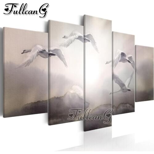 FULLCANG 5 piece diy diamond painting white seagull full square/round drill 5d mosaic embroidery animals needlework swan FC2270