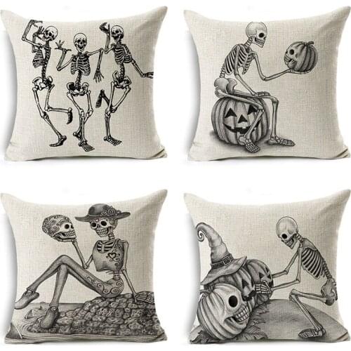 Halloween Throw Pillow Covers Sofa Car Cushion Cover Home Decoration Cotton Linen Pumpkin Funny Skull Skeleton Pillow Case Gifts