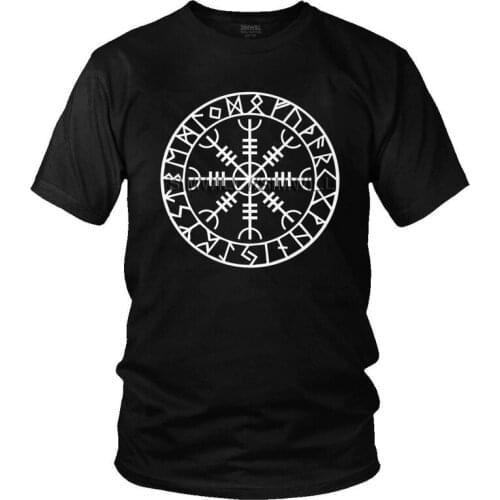 Norse Viking Rune Amulet T Shirt Men 100% Cotton Print T-shirt Streetwear Tshirt Short Sleeve Icelandic Vegvisir Compass Tee Top