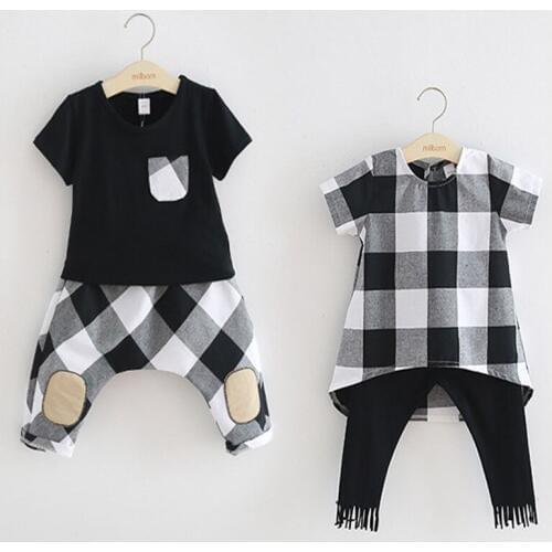 New Arrival Summer Brother sister Clothes Summer New Children Clothse BoysGirls Lattice Short Sleeve+Shorts Suit
